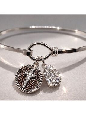 Brilliance Faith Charms Bangle Bracelet Expandable Silver Plated Heart Cross